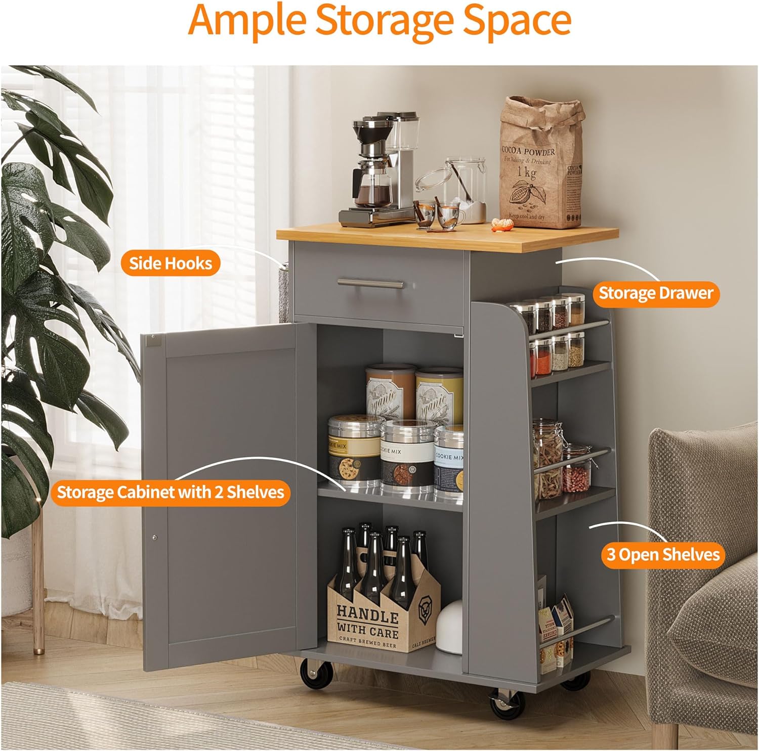 Small Kitchen Island on Wheels with 3-Tier Side Spice Rack and Rubber Wood Top-Toppalletfly