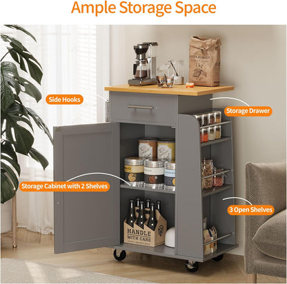 Small Kitchen Island on Wheels with 3-Tier Side Spice Rack and Rubber Wood Top-Toppalletfly