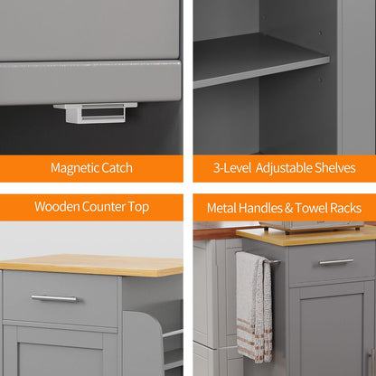 Small Kitchen Island on Wheels with 3-Tier Side Spice Rack and Rubber Wood Top-Toppalletfly