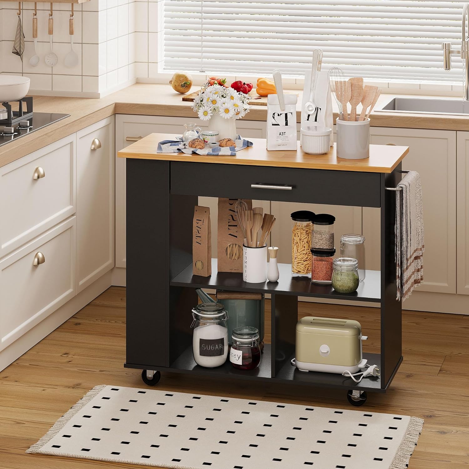 Small Kitchen Island on Wheels with 3-Tier Side Spice Rack and Rubber Wood Top-Toppalletfly
