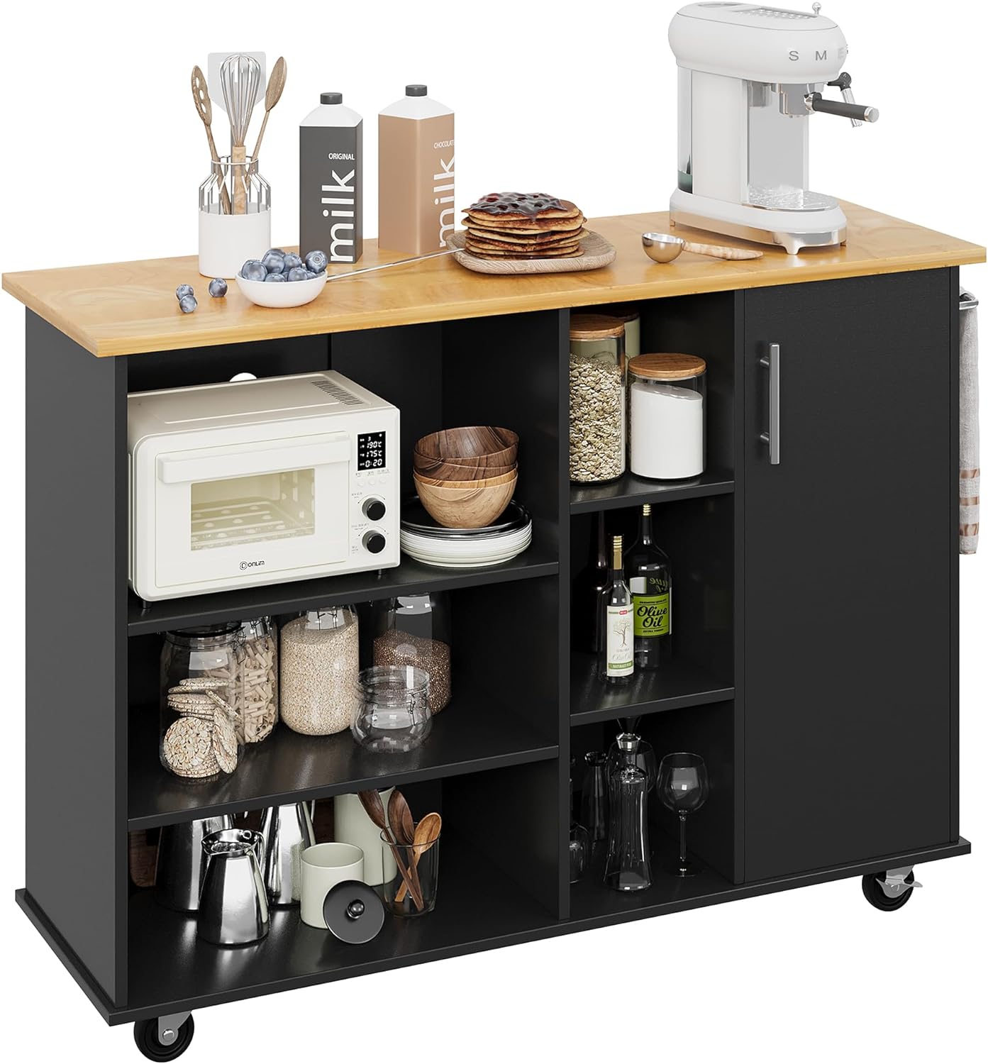 Small Kitchen Island on Wheels with 3-Tier Side Spice Rack and Rubber Wood Top-Toppalletfly