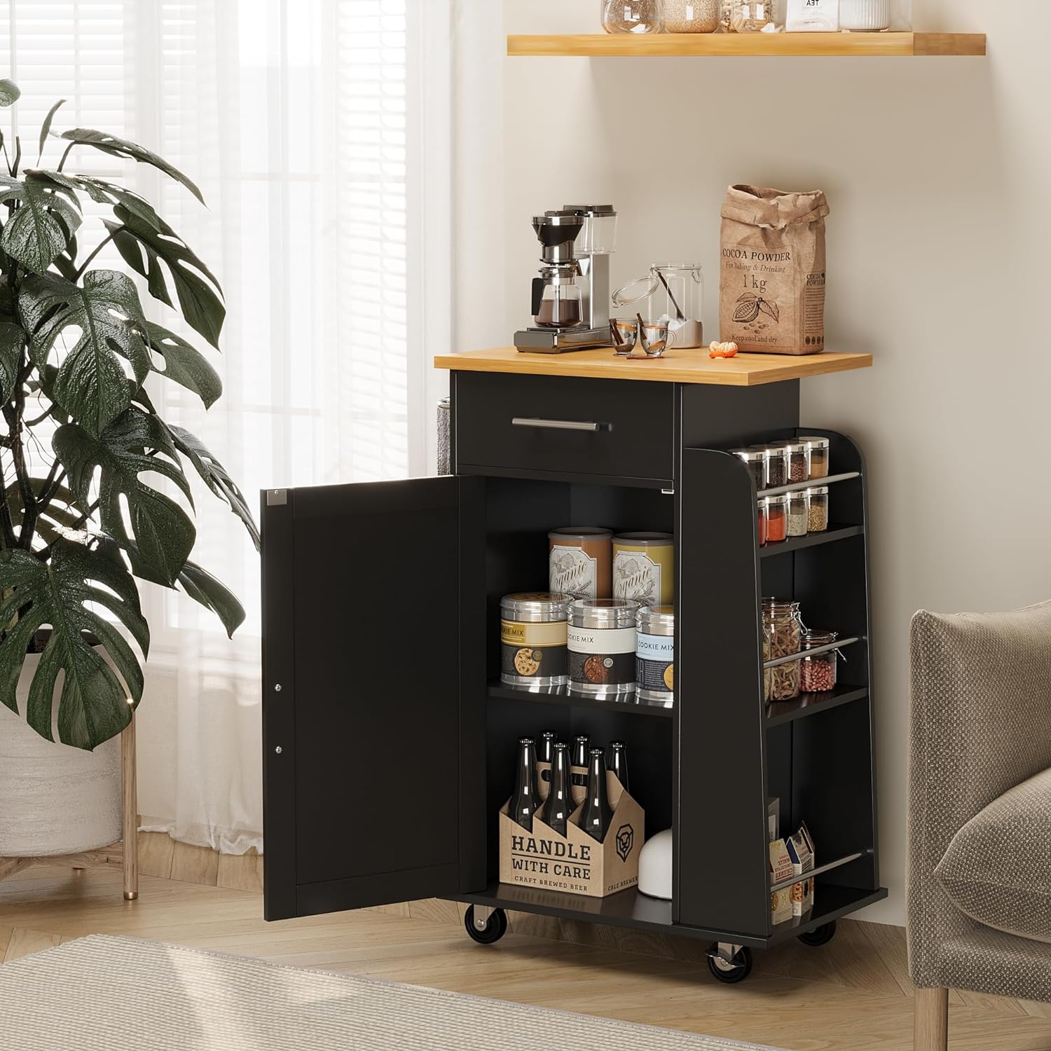 Small Kitchen Island on Wheels with 3-Tier Side Spice Rack and Rubber Wood Top-Toppalletfly