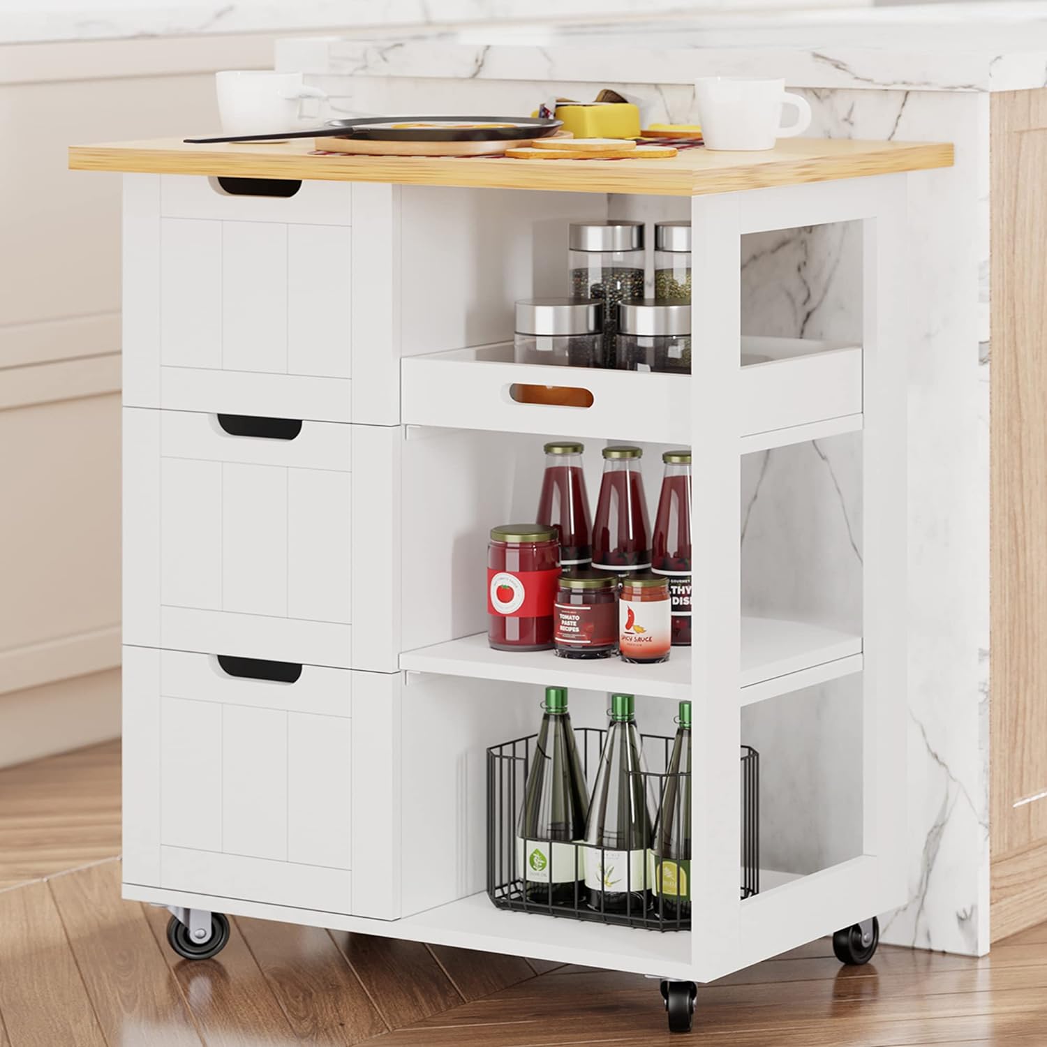 Small Kitchen Island on Wheels with 3-Tier Side Spice Rack and Rubber Wood Top-Toppalletfly