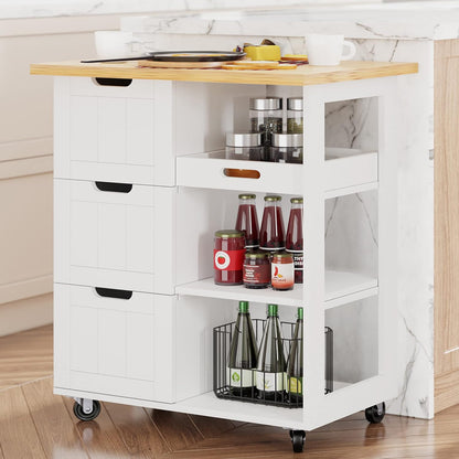 Small Kitchen Island on Wheels with 3-Tier Side Spice Rack and Rubber Wood Top-Toppalletfly