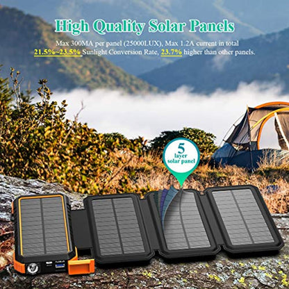 Solar Charger with Foldable Panels, 18W Fast Charging, 20,000mAh with Camping Light/Flashlight/Compass Type C USB Charger 3 Outputs-Toppalletfly