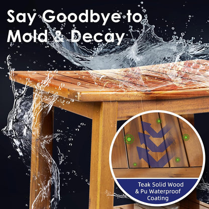 Solid Wood Shower Stool Waterproof Shower Seat with Storage Shelf, Shower Bench, 20"-Toppalletfly