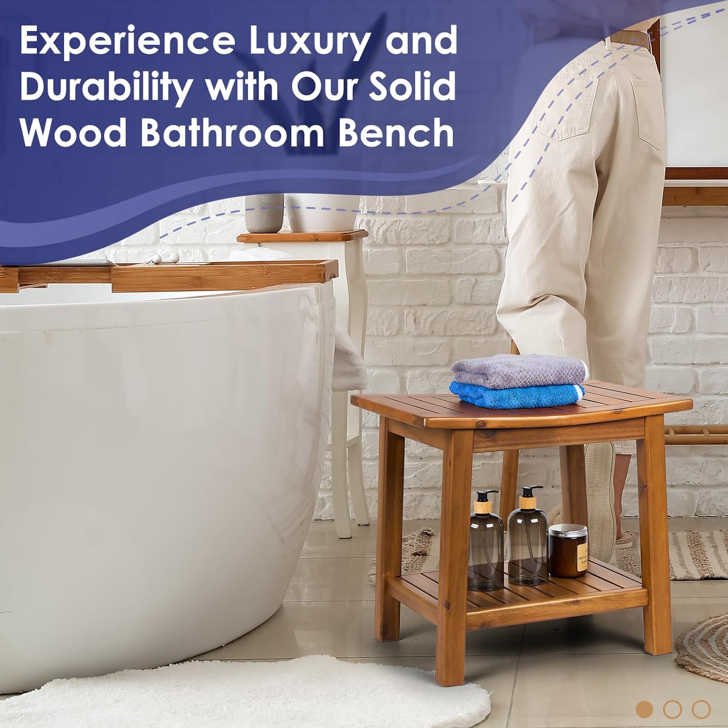 Solid Wood Shower Stool Waterproof Shower Seat with Storage Shelf, Shower Bench, 20"-Toppalletfly