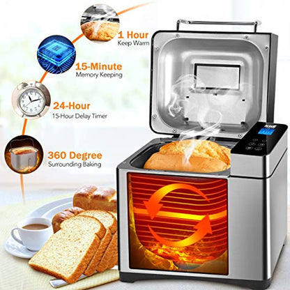 Stainless Steel Bread Machine, 2LB 17-in-1 Programmable XL Bread Maker with Fruit Nut Dispenser-Toppalletfly
