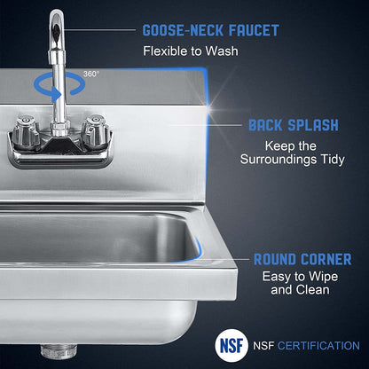 Stainless Steel Sink Commercial Wall Mounted with Gooseneck Faucet for Kitchen or Bar 17" x 15"-Toppalletfly
