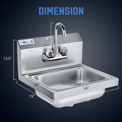 Stainless Steel Sink Commercial Wall Mounted with Gooseneck Faucet for Kitchen or Bar 17" x 15"-Toppalletfly