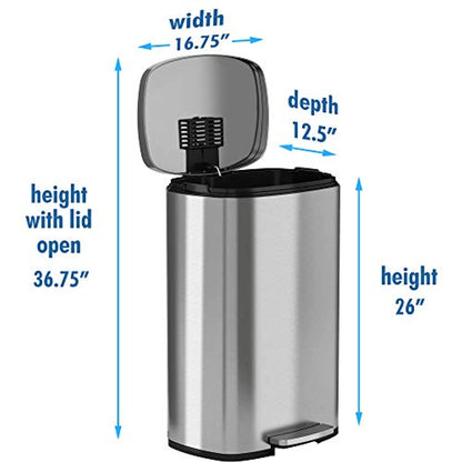 Stainless Steel Step Trash Can with Odor Control System, Pedal Garbage Bin for Kitchen, Office, Home - Silent and Gentle Open and Close-Toppalletfly