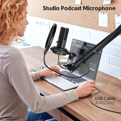Studio Condenser USB Microphone, Computer PC Microphone Kit with Adjustable Boom Arm Stand Shock Mount for Instruments-Toppalletfly