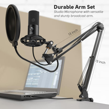 Studio Condenser USB Microphone, Computer PC Microphone Kit with Adjustable Boom Arm Stand Shock Mount for Instruments-Toppalletfly