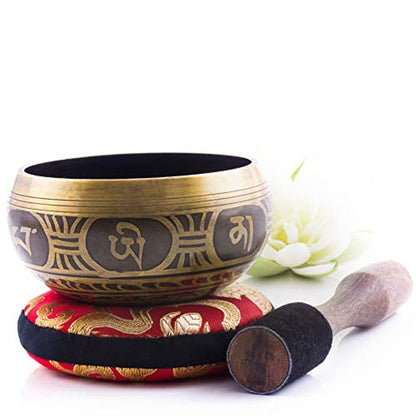 Tibetan Singing Bowl Set Antique Design With Dual Surface Mallet and Silk Cushion Promotes Peace, Chakra Healing, and Mindfulness-Toppalletfly