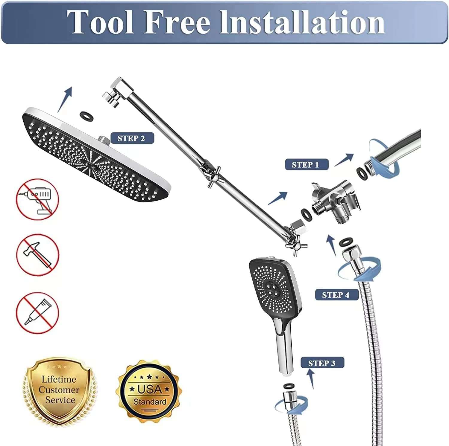 12 Inch Shower Head With With 3+1 Settings Handheld Spray, Including 3-Way Diverter, Extension Arm, Height/Angle Adjustable-Toppalletfly