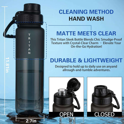 32Oz Frosted Clear Water Bottle, Bpa-Free Tritan Plastic Reusable Water Bottle with Fast-Flow Spout Lid, Wide Mouth Leakproof Sports Drinking Bottle for Gym, School, Office, Travel,Black