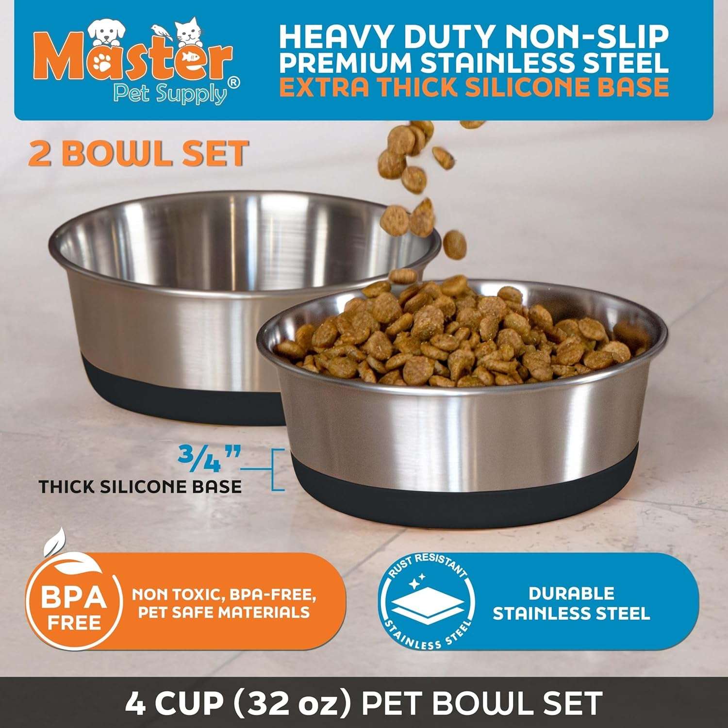 Stainless Steel Dog Bowls Set of 2 with Extra Thick Silicone Base - 4 Cup (32 Oz) Black Velvet, Non-Slip, Dishwasher Safe Metal Bowls, Pet Dog Food Bowl for Dogs, Cats, anti Rust