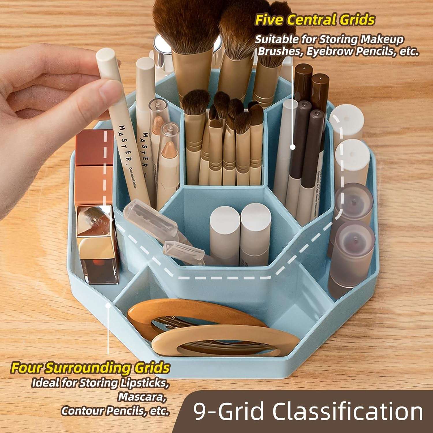 360° Rotate Makeup Brush Holder Organizer with 9 Slots, Makeup Organizers Countertop, Makeup Organization and Skincare Storage for Vanity, Desktop, Bathroom (BLUE)
