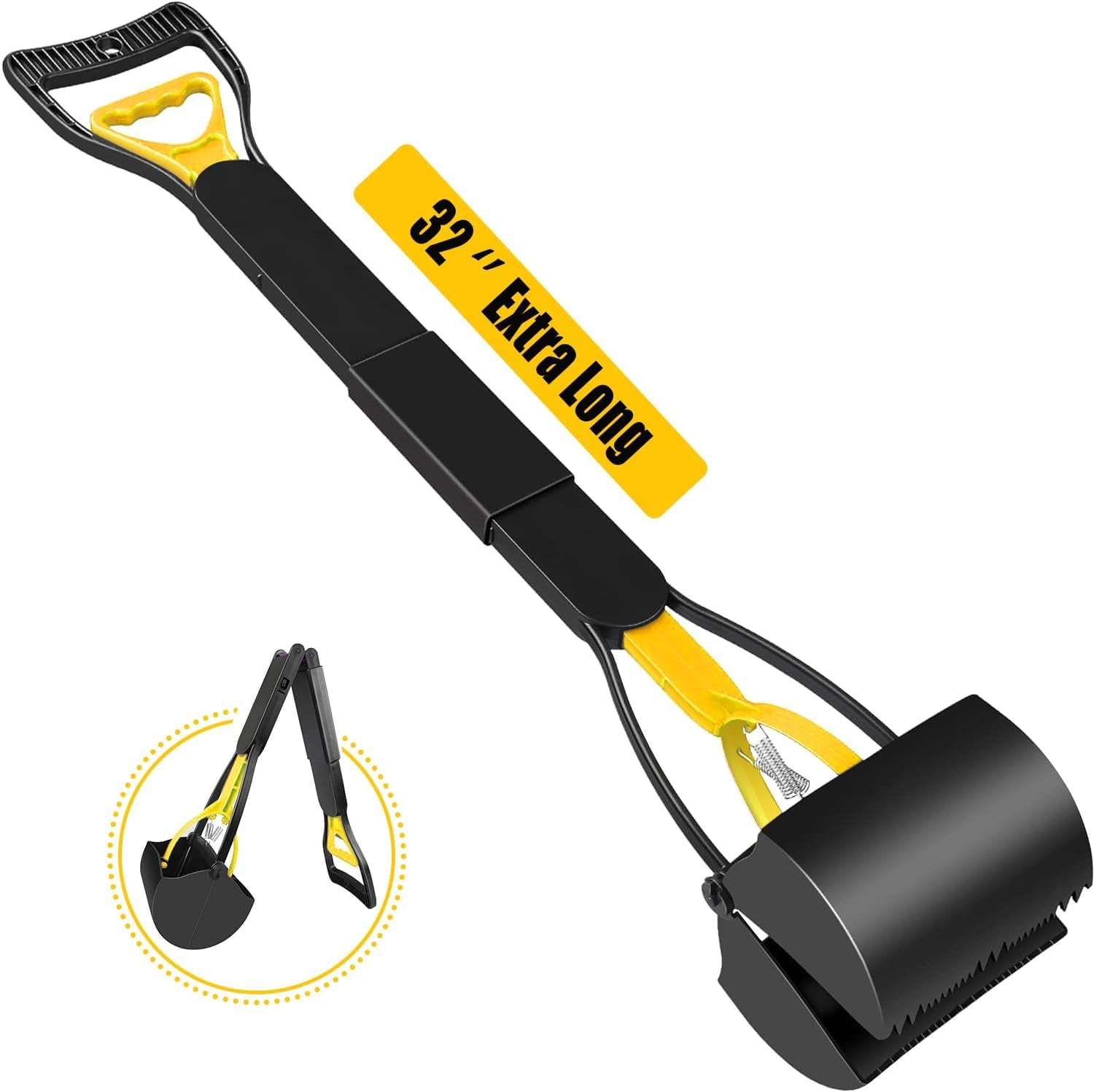 32 Inch Long Handle Pooper Scooper for Dogs, Heavy Duty Foldable Dog Poop Picker Upper, One-Handed Operation, No Bending Cleanup Tool for Yard & Lawn, Avoids Touching Dog Poop