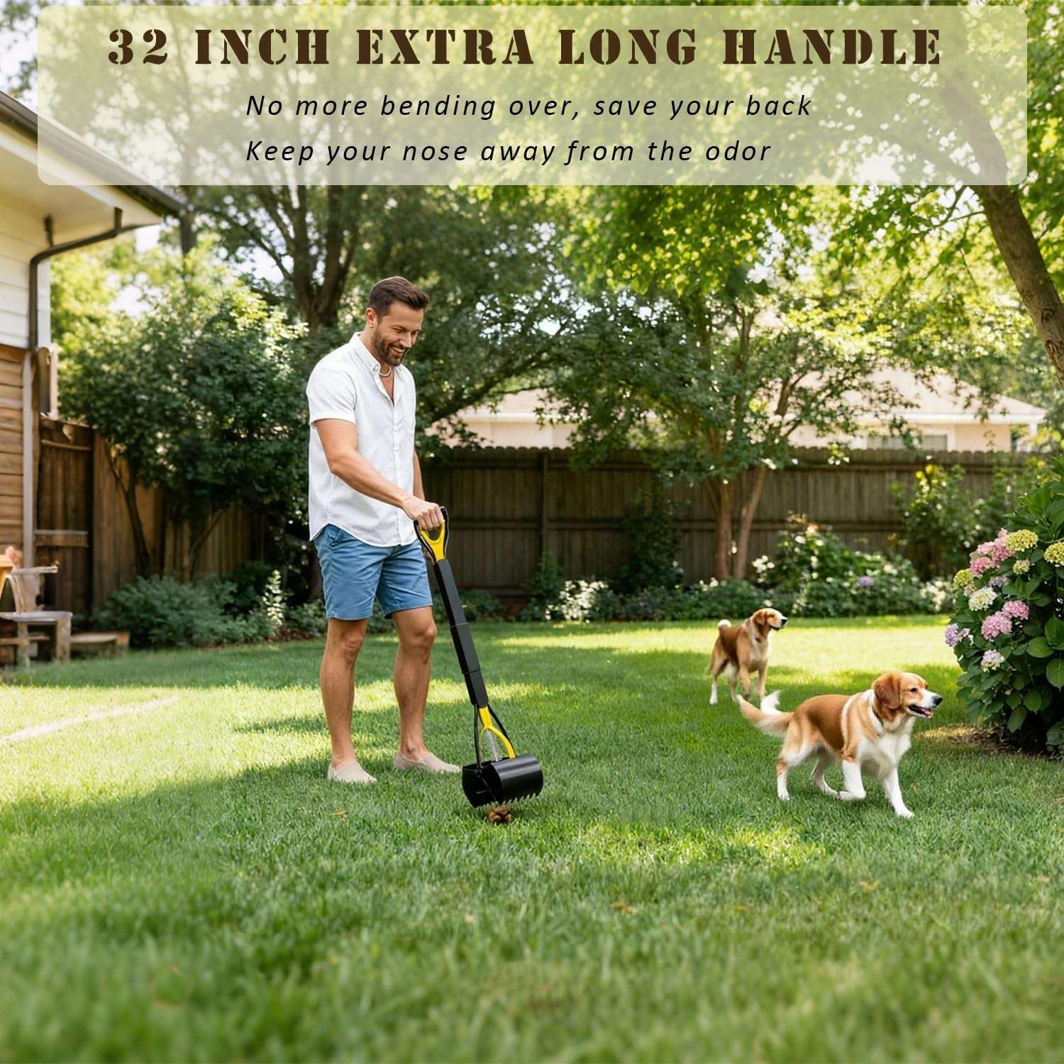 32 Inch Long Handle Pooper Scooper for Dogs, Heavy Duty Foldable Dog Poop Picker Upper, One-Handed Operation, No Bending Cleanup Tool for Yard & Lawn, Avoids Touching Dog Poop
