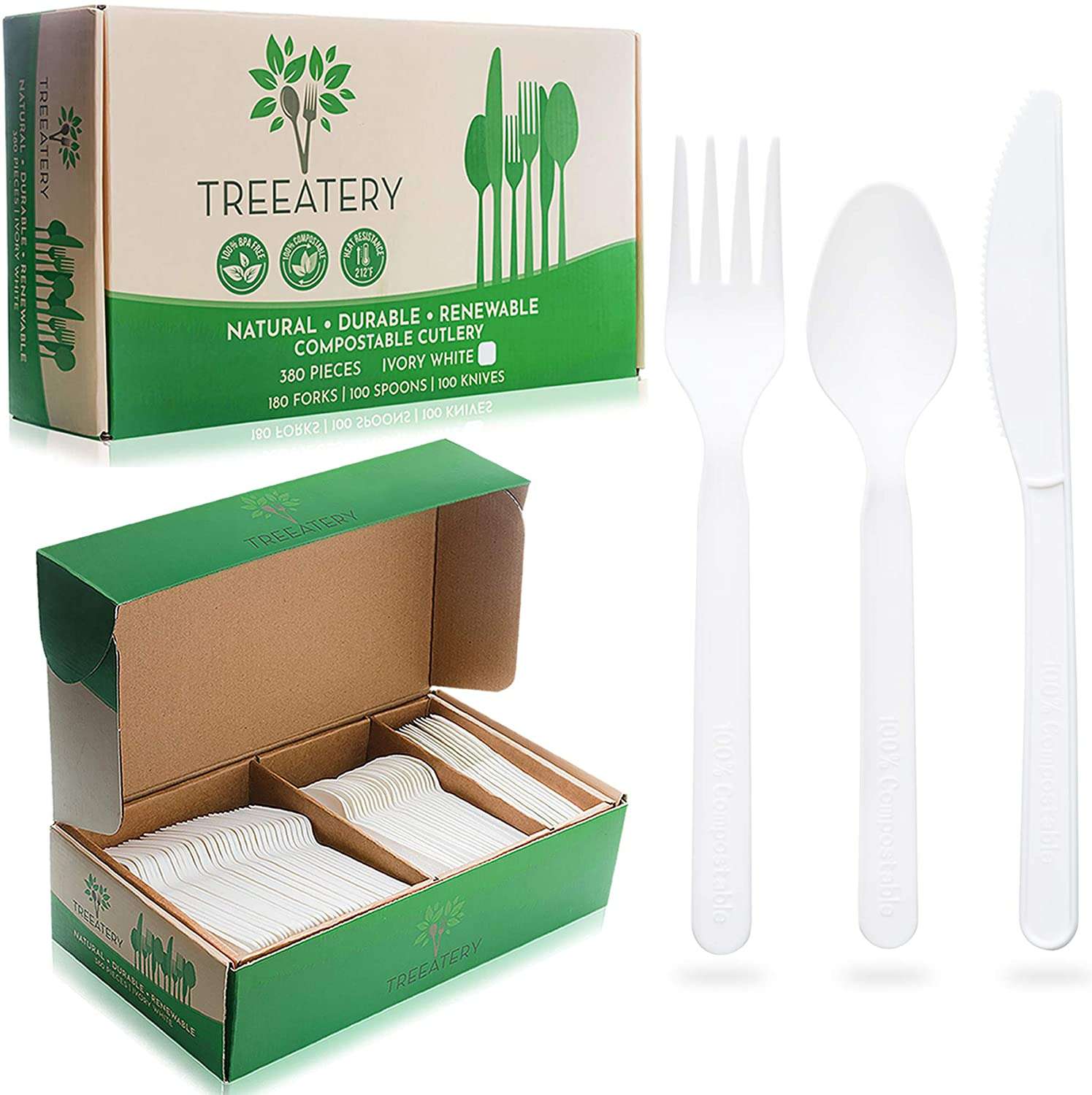 Compostable Cutlery Set - 380 Value Pack, 180 Forks, 100 Spoons, 100 Knives - Eco Friendly Utensils -BPI Certified Plant-Based Disposable-Toppalletfly