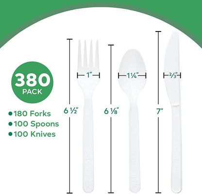 Compostable Cutlery Set - 380 Value Pack, 180 Forks, 100 Spoons, 100 Knives - Eco Friendly Utensils -BPI Certified Plant-Based Disposable-Toppalletfly
