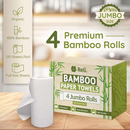 Bamboo Paper Towels (4 Pack, Jumbo) | Paper Towels Rolls 2 Ply | 125 Sheets/Roll, Full Size Sheets | Unbleached, Organic Rolls for Kitchen, Bathroom | 100% Bamboo