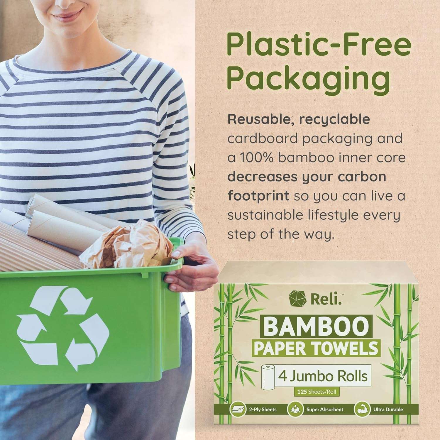 Bamboo Paper Towels (4 Pack, Jumbo) | Paper Towels Rolls 2 Ply | 125 Sheets/Roll, Full Size Sheets | Unbleached, Organic Rolls for Kitchen, Bathroom | 100% Bamboo