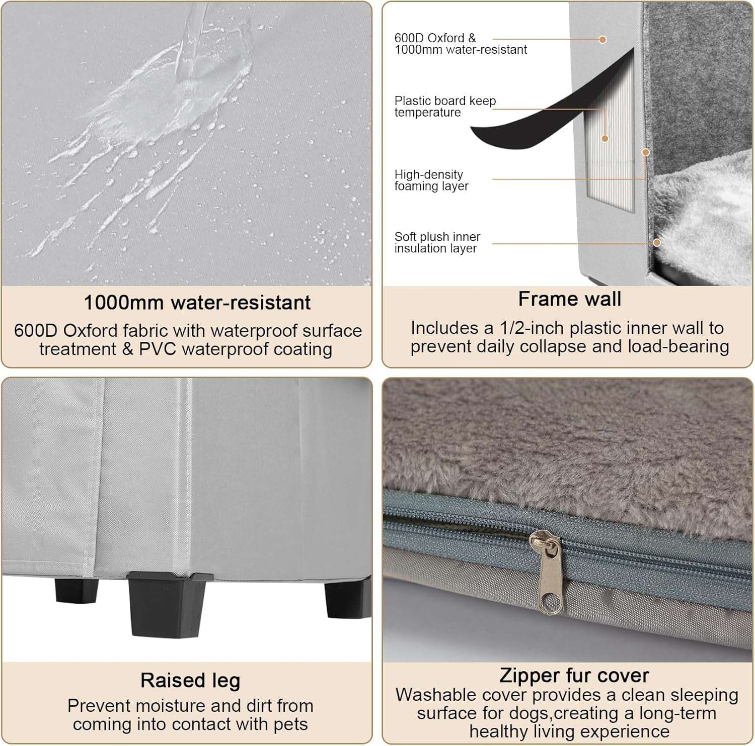 Outdoor Dog House, Elevated Foldable Dog Cave Bed with Removable Plush Mat for Medium Dogs up to 23.6 Inches Long
