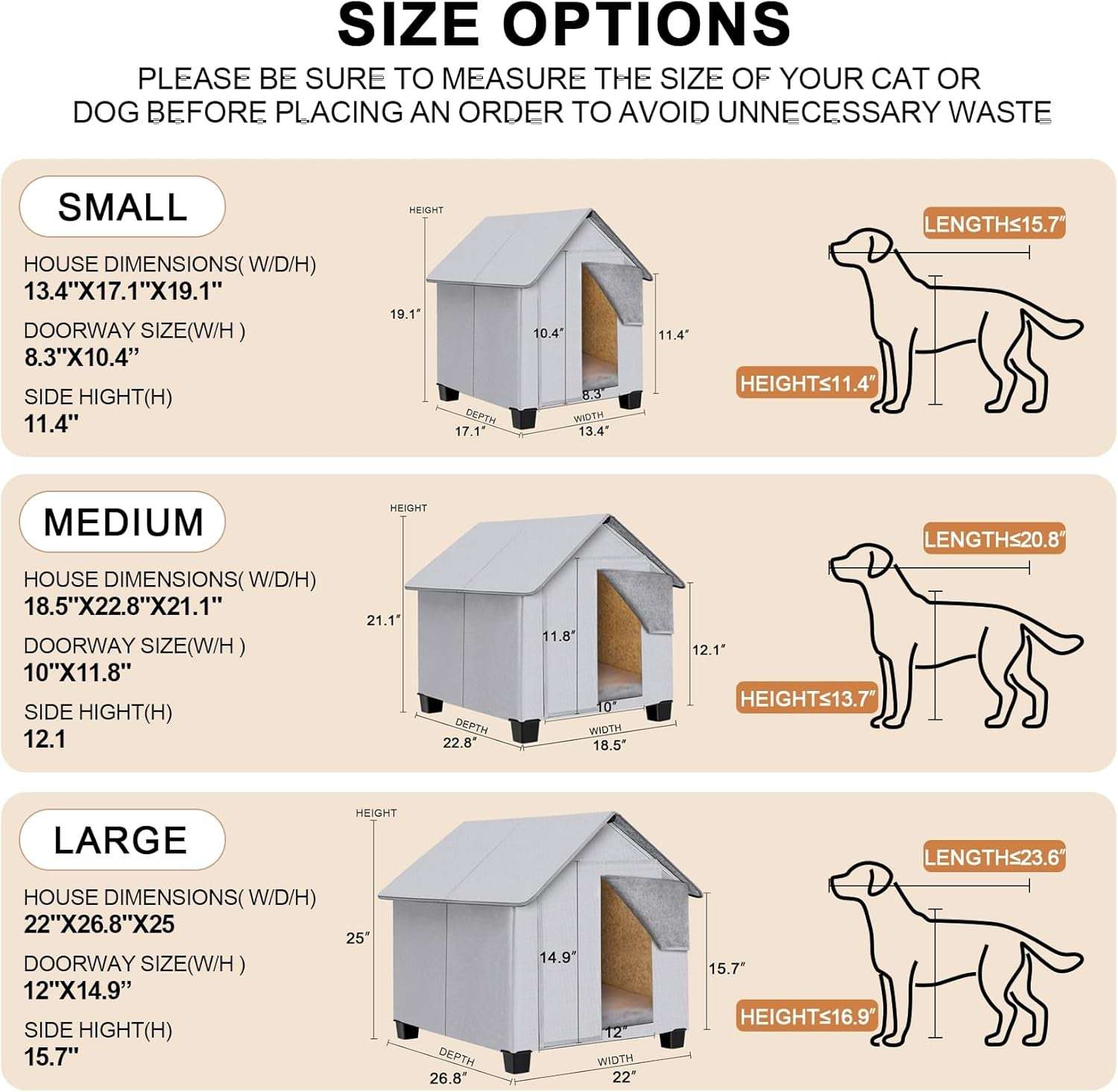Outdoor Dog House, Elevated Foldable Dog Cave Bed with Removable Plush Mat for Medium Dogs up to 23.6 Inches Long