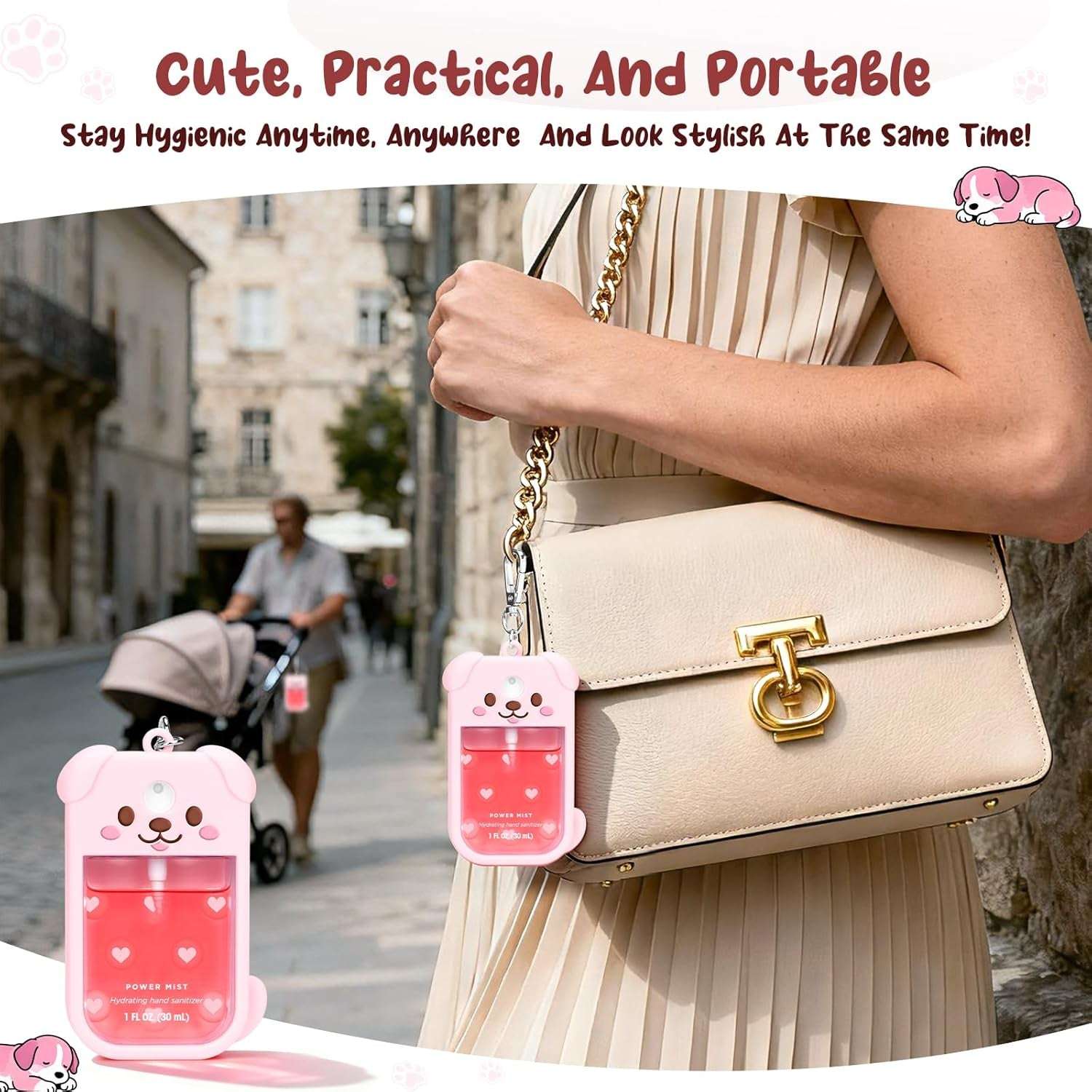 Dog Silicone Case for Touchland Hand Sanitizer Spray with Keychain, Compatible with Power Mist & Glow Mist 1 FL Oz/30Ml for Touchland Case, Cute Travel Cover Sleeve Pink