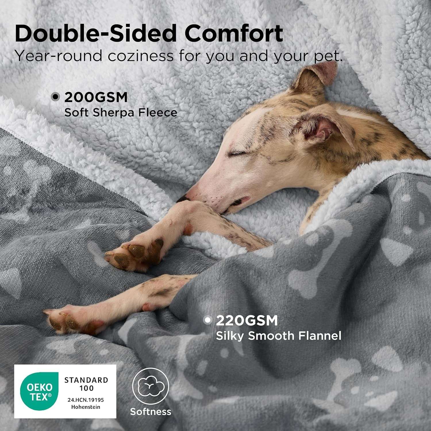 Waterproof Dog Blankets for Large Dogs - Soft Print Sherpa Fleece Pet Cat Blanket Washable for Couch Bed Protection, Cozy Plush Reversible Throw Furniture Protector, 50"X60", Smokey Grey