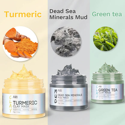 Turmeric Clay Mask, Green Tea and Dead Sea Minerals, Spa Facial Mask Set 2.5 oz each-Toppalletfly