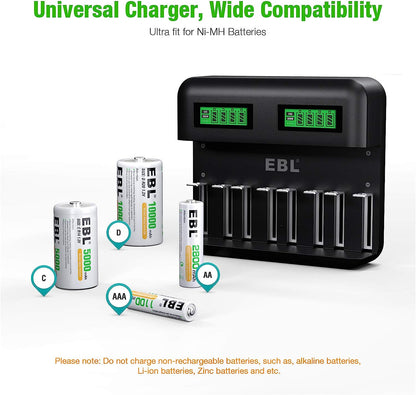 Universal Battery Charger - AA AAA C D Battery Charger for Rechargeable Batteries Ni-MH with 2A USB Port, Type C Input, Fast Charger-Toppalletfly