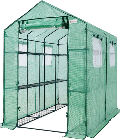 Walk-in Greenhouse for Outdoors, Thickened PE Cover & Heavy Duty Powder-Coated Steel, w/ Zippered Mesh Door & Screen Windows-Toppalletfly
