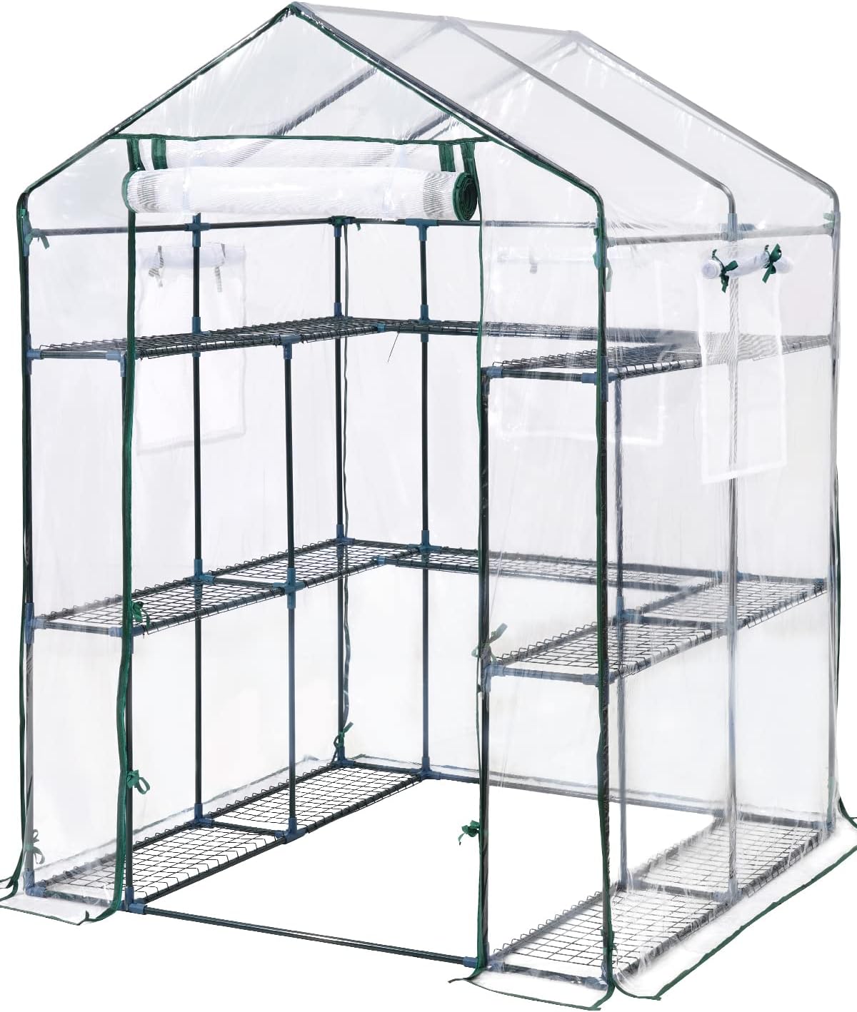 Walk-in Greenhouse for Outdoors, Thickened PE Cover & Heavy Duty Powder-Coated Steel, w/ Zippered Mesh Door & Screen Windows-Toppalletfly