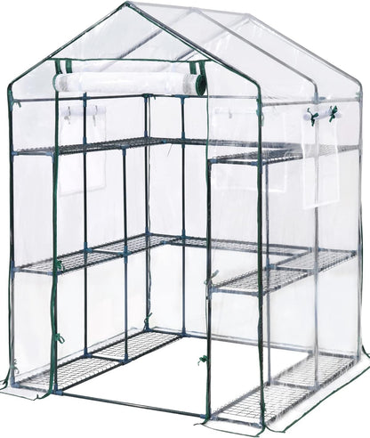 Walk-in Greenhouse for Outdoors, Thickened PE Cover & Heavy Duty Powder-Coated Steel, w/ Zippered Mesh Door & Screen Windows-Toppalletfly