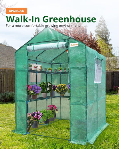 Walk-in Greenhouse for Outdoors, Thickened PE Cover & Heavy Duty Powder-Coated Steel, w/ Zippered Mesh Door & Screen Windows-Toppalletfly