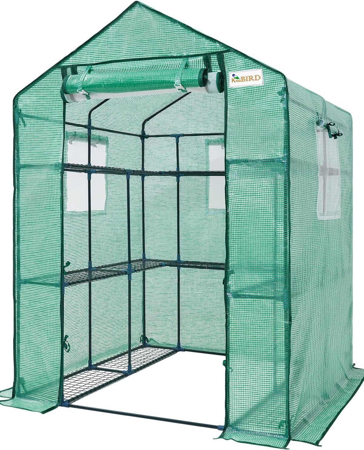 Walk-in Greenhouse for Outdoors, Thickened PE Cover & Heavy Duty Powder-Coated Steel, w/ Zippered Mesh Door & Screen Windows-Toppalletfly