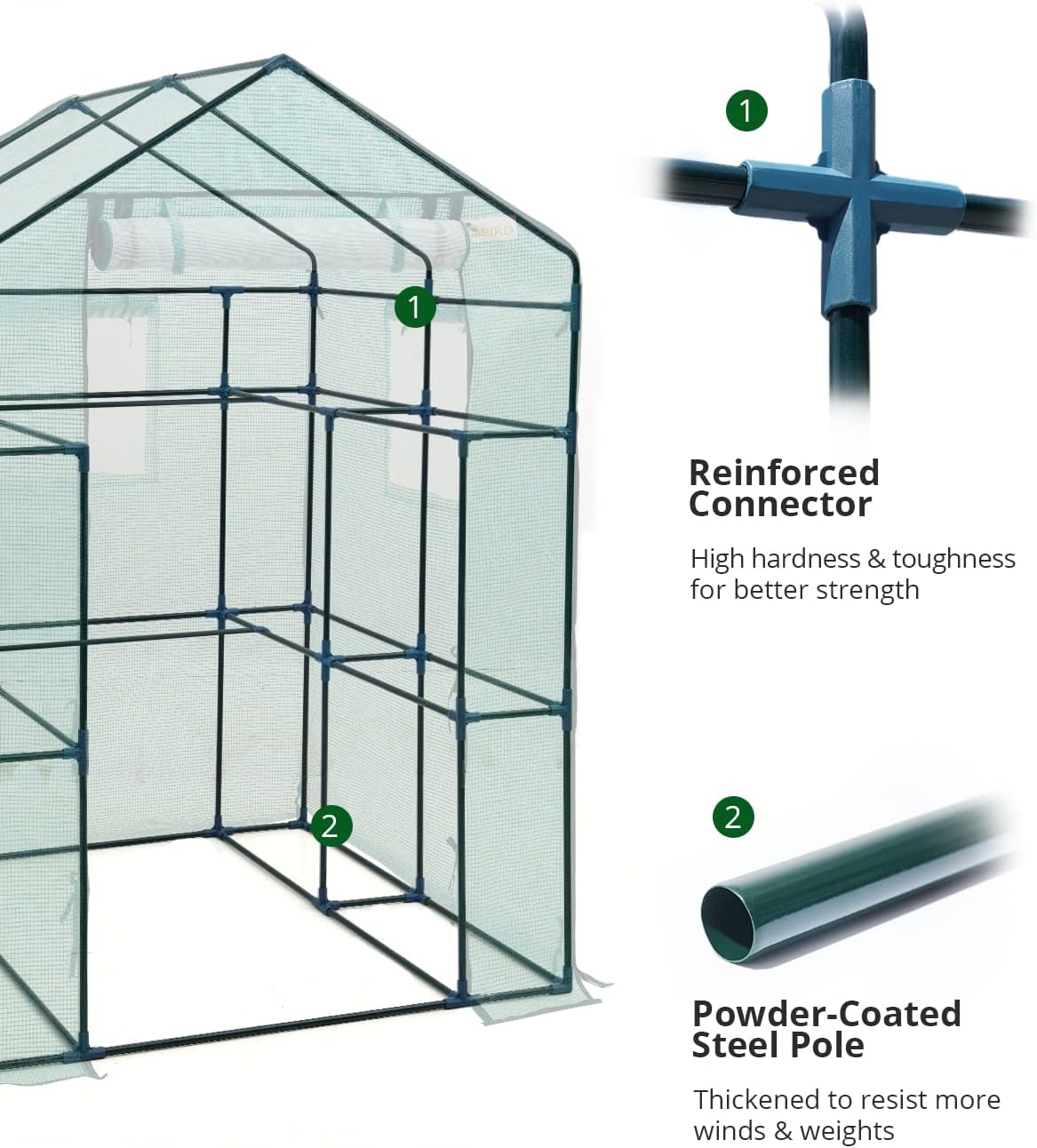 Walk-in Greenhouse for Outdoors, Thickened PE Cover & Heavy Duty Powder-Coated Steel, w/ Zippered Mesh Door & Screen Windows-Toppalletfly
