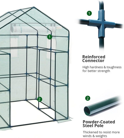 Walk-in Greenhouse for Outdoors, Thickened PE Cover & Heavy Duty Powder-Coated Steel, w/ Zippered Mesh Door & Screen Windows-Toppalletfly
