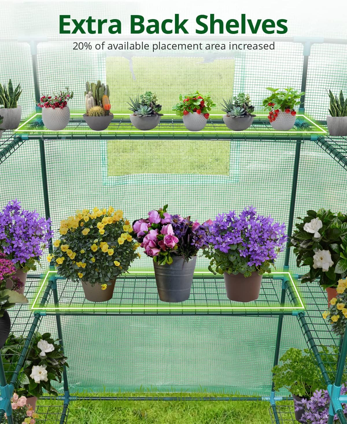 Walk-in Greenhouse for Outdoors, Thickened PE Cover & Heavy Duty Powder-Coated Steel, w/ Zippered Mesh Door & Screen Windows-Toppalletfly