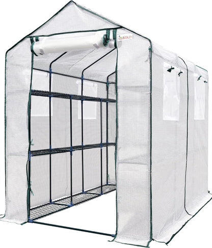 Walk-in Greenhouse for Outdoors, Thickened PE Cover & Heavy Duty Powder-Coated Steel, w/ Zippered Mesh Door & Screen Windows-Toppalletfly