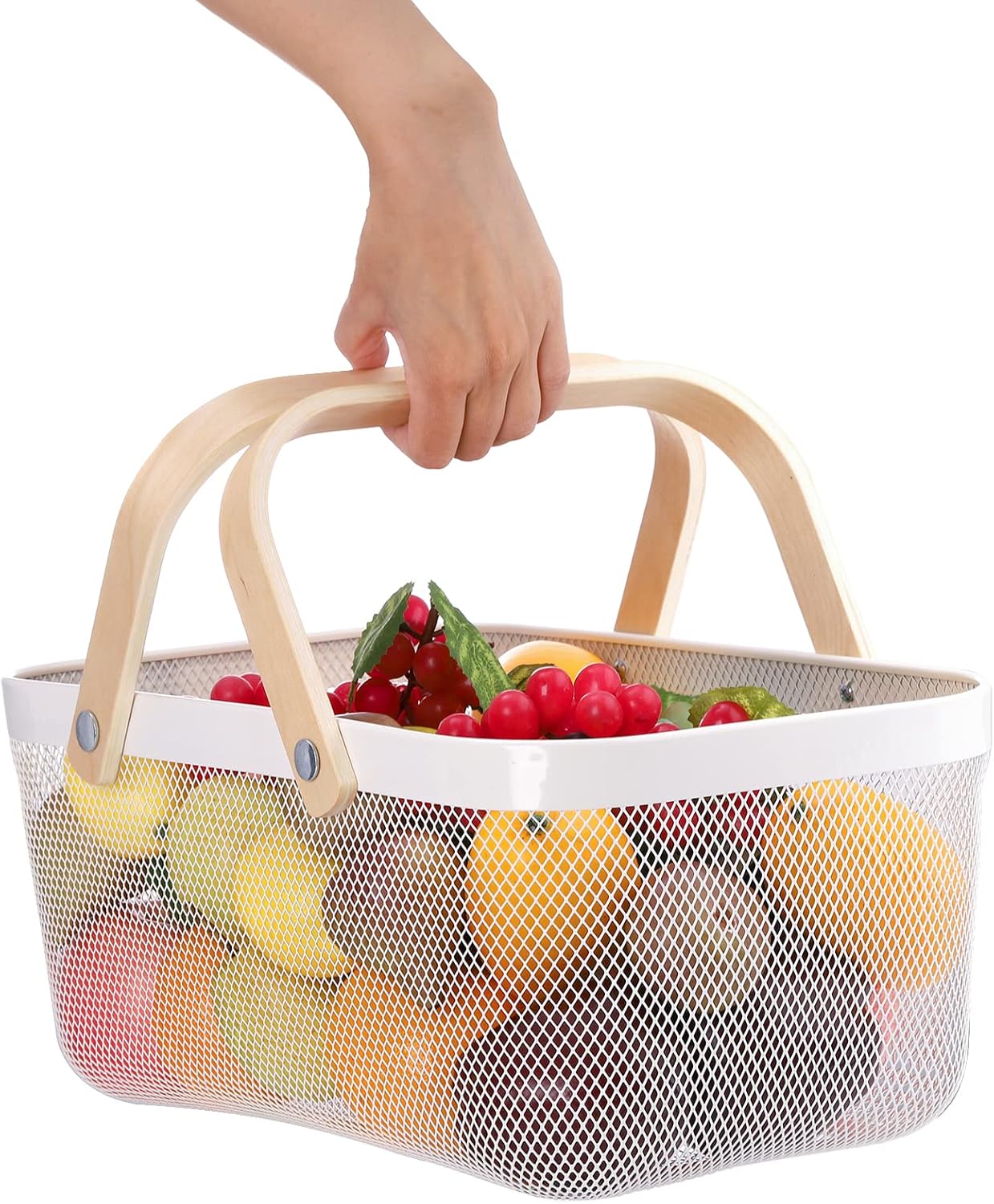 White Mesh Storage Basket with Handle, Multi-Functional Wire Bin for Garden Harvest, Fruits, and Kitchen Use-Toppalletfly