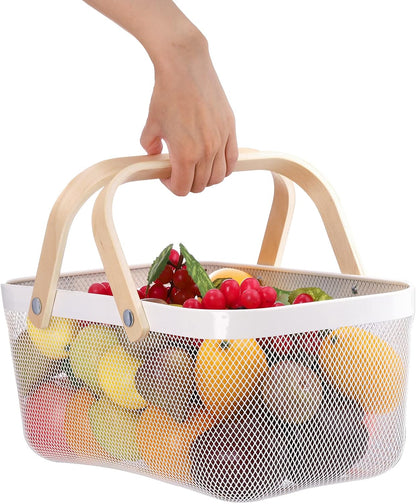 White Mesh Storage Basket with Handle, Multi-Functional Wire Bin for Garden Harvest, Fruits, and Kitchen Use-Toppalletfly