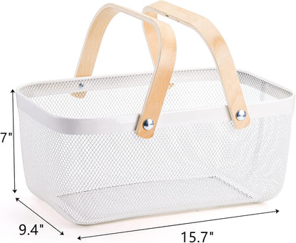 White Mesh Storage Basket with Handle, Multi-Functional Wire Bin for Garden Harvest, Fruits, and Kitchen Use-Toppalletfly