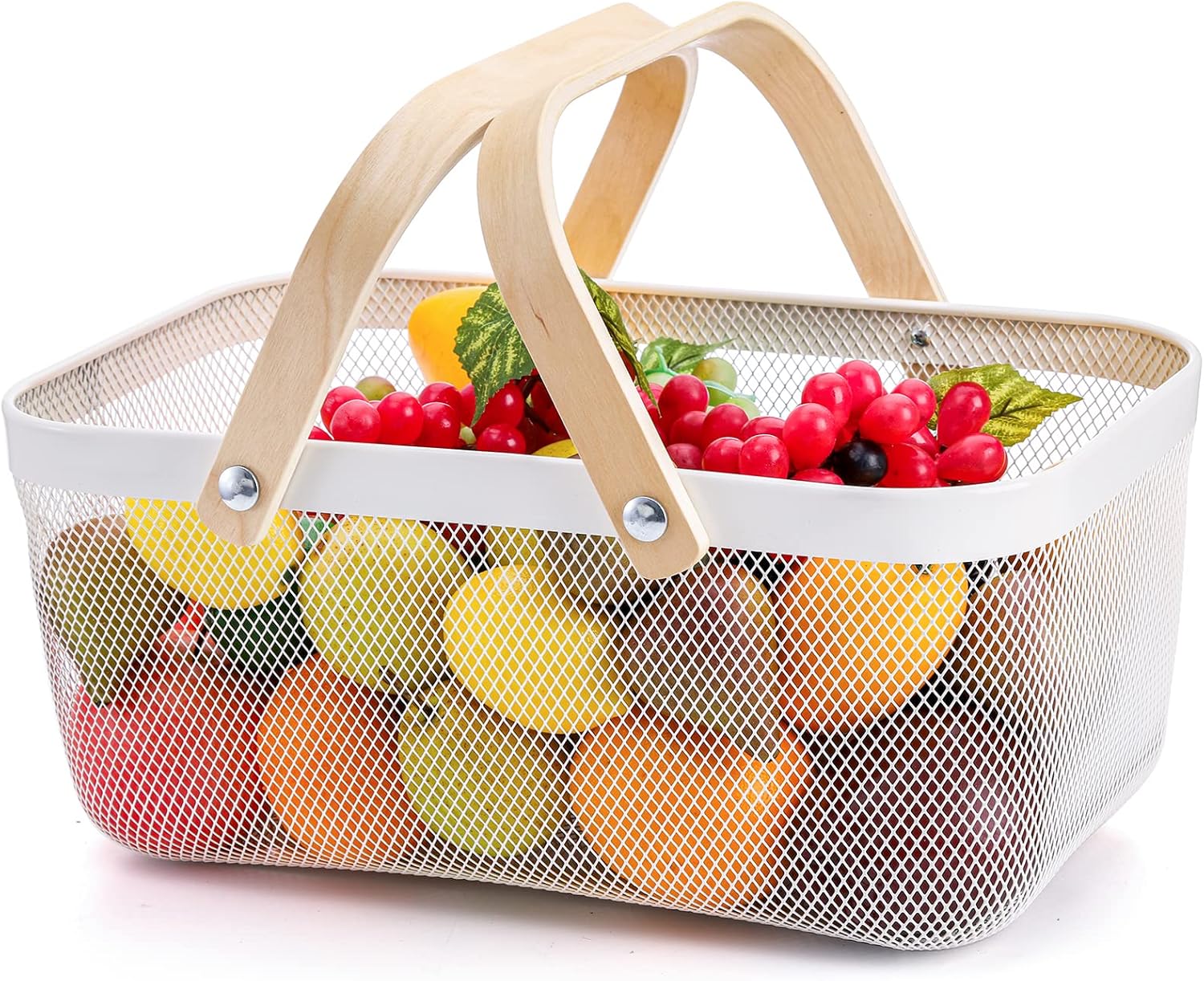 White Mesh Storage Basket with Handle, Multi-Functional Wire Bin for Garden Harvest, Fruits, and Kitchen Use-Toppalletfly