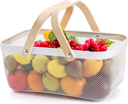 White Mesh Storage Basket with Handle, Multi-Functional Wire Bin for Garden Harvest, Fruits, and Kitchen Use-Toppalletfly