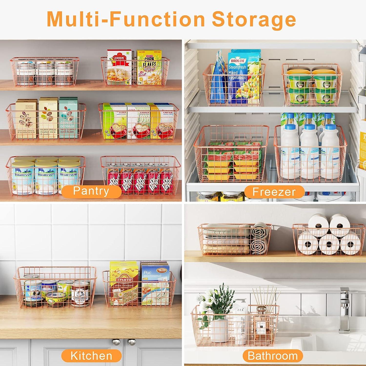 Wire Storage Baskets 4 Pack Large Metal Wire Baskets Pantry Organization and Storage with Handles for Freezer Organizer Pantry Kitchen Laundry-Toppalletfly