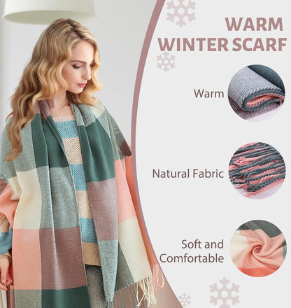 Women's Long Plaid Blanket Chunky Oversized Winter Fall Warm Scarf-Toppalletfly